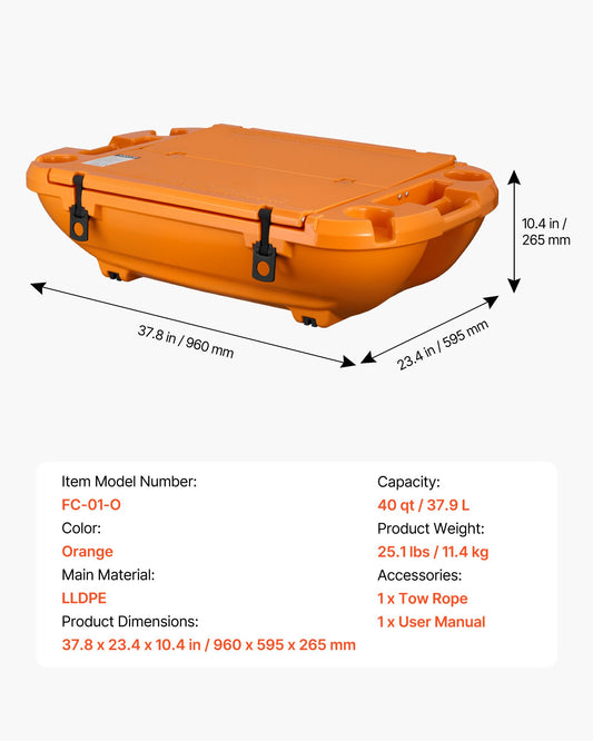 Floating Cooler, 40 QT Floating Ice Chest With Dry Storage & Tow Rope, Premium LLDPE Amphibious Drink Cooler For Water & Land, Cruise Smoothly Stable On Lake, River, Pool, Beach, Kayak, Orange — product image 1
