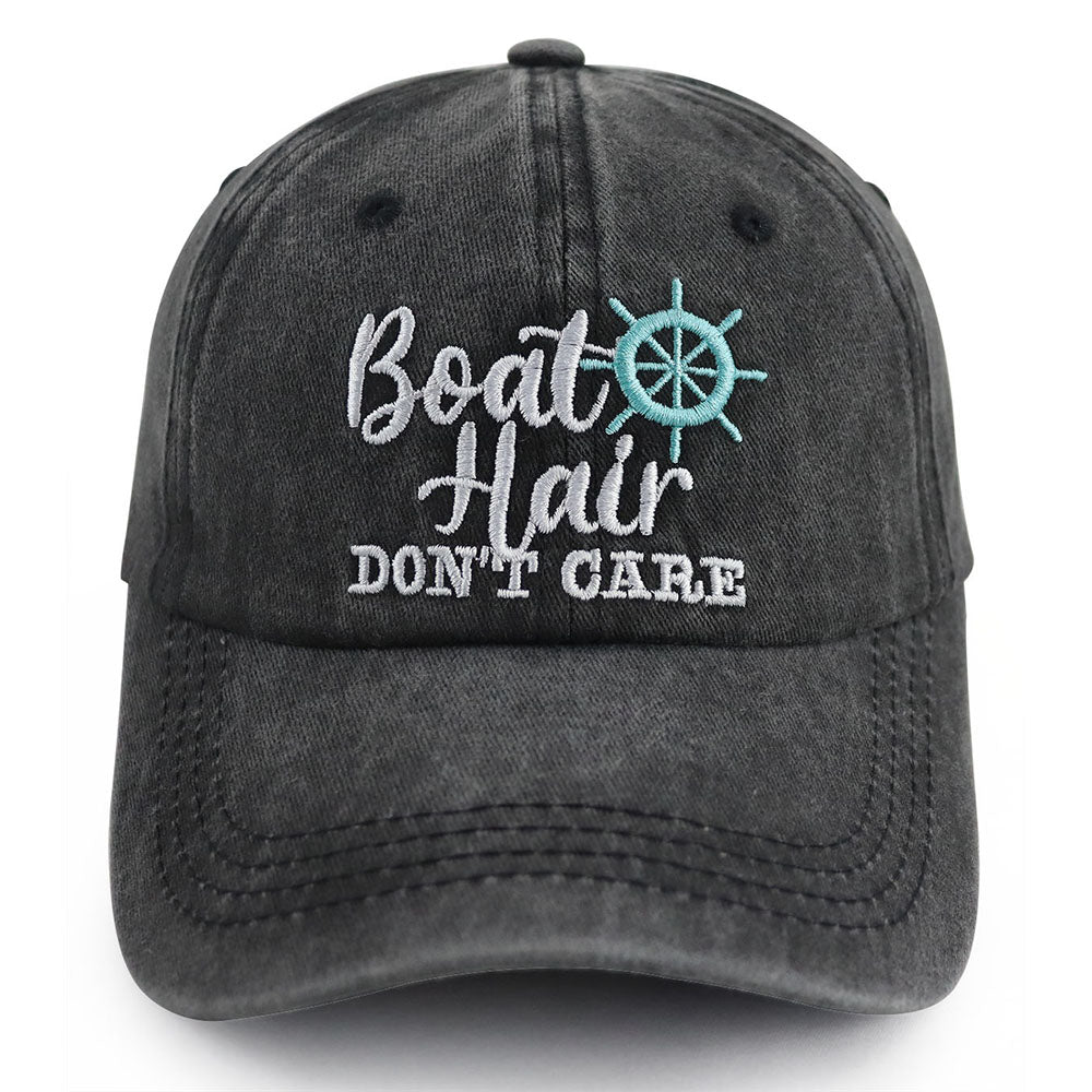 Boat Hair Don't Care Embroidered Baseball Cap, Vintage Washed Distressed Cotton Hat With Ship Wheel Embroidery For Women Boating Fishing Beach — product image 2