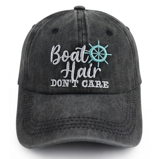 Boat Hair Don't Care Embroidered Baseball Cap, Vintage Washed Distressed Cotton Hat With Ship Wheel Embroidery For Women Boating Fishing Beach — product image 2