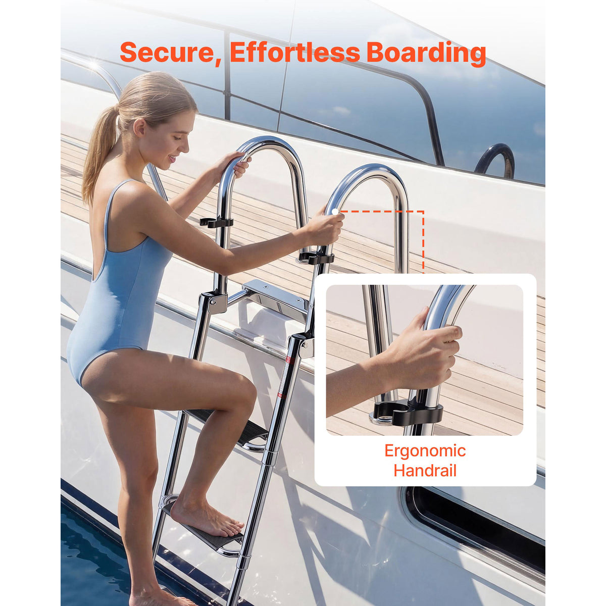 Boat Ladder, 4 Steps, Stainless Steel Telescoping Folding Swim Deck Ladder For Rear Entry Inboard, 600lbs Capacity With Extra Wide Anti-Slip Steps & Handrails, For Outboards, Yacht, Pontoon Boat — product image 4