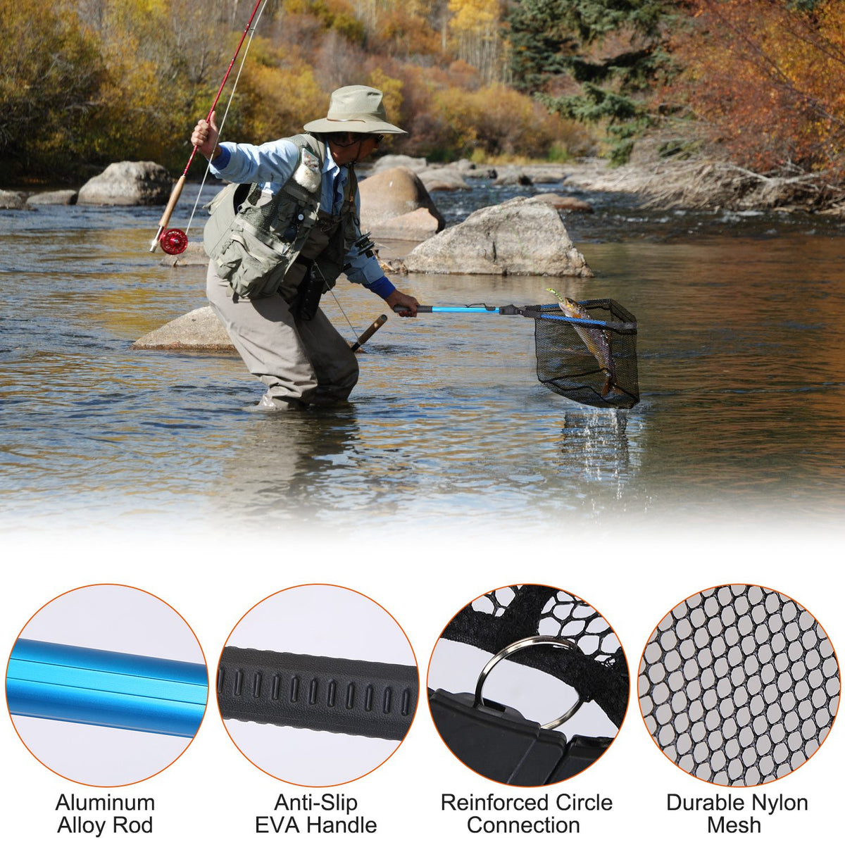 1Pc Foldable Fishing Net For Summer With Aluminum Alloy Rod EVA Handle Durable 5MM Hexagonal Nano Coating Nylon Mesh Collapsible Landing Net Safe Fish Catching Or Releasing — product image 3