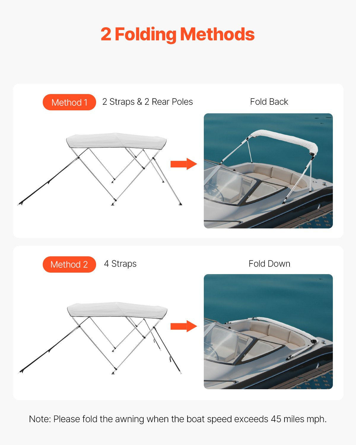 3 Bow Boat Bimini Tops, 600D Polyester Canopy With Aluminum Alloy Frame, Waterproof & Sun Shade Boat Awning Canopy With Storage Bag, 2 Support Poles, 4 Straps, 6'Lx(67"-72")Wx46"H, Light Grey — product image 4