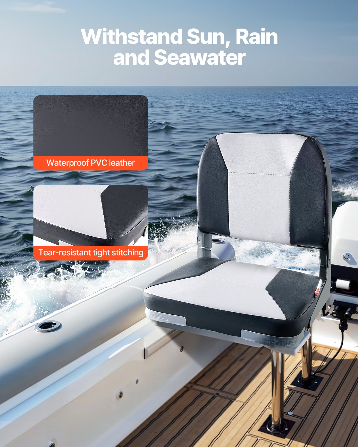 Boat Seat, Low Backrest, Folding Fishing Boat Seat With Thickened Sponge Cushion & Waterproof PVC Leather, Aluminum Alloy Hinges, Flip Up Boat Seat For Fishing Boats, Yachts, Ships, Black & Grey — product image 3
