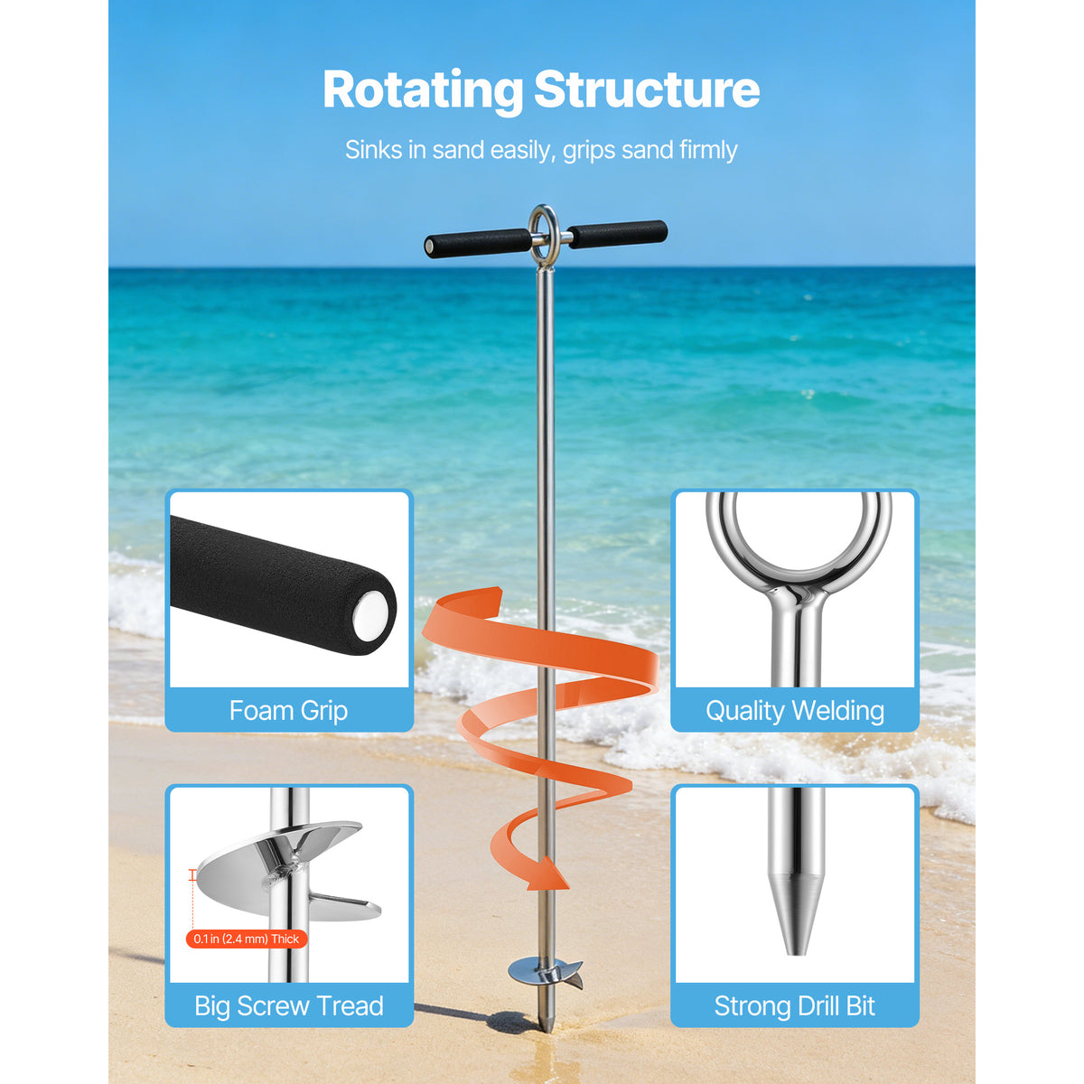 Sand Anchor, 36 In Stainless Steel Beach Anchor, Screw In Sand Boat Anchors With Spiral Blade, Shallow Water Boat Auger Anchors, For Securing Jet Ski PWC Pontoon Kayak On Beaches And Sandbars — product image 3
