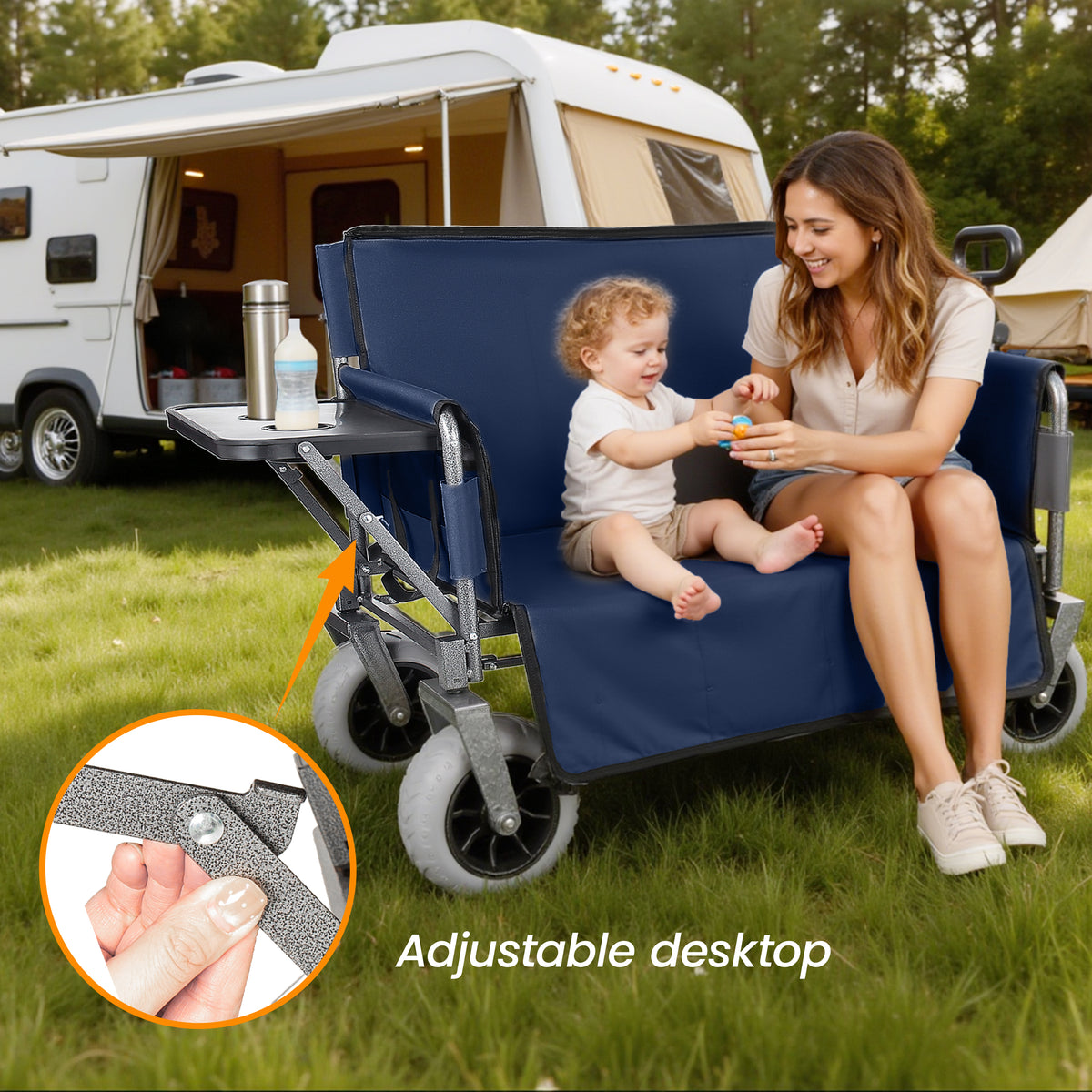 3-in-1 Collapsible Wagon Converts To Bench Convertible Folding Wagon Cart With Canopy &Rear-Mounted Folding Tabletop 500lbs Heavy-Duty 180L Capacity For Camping Beach Garden Fishing Dark Blue — product image 3