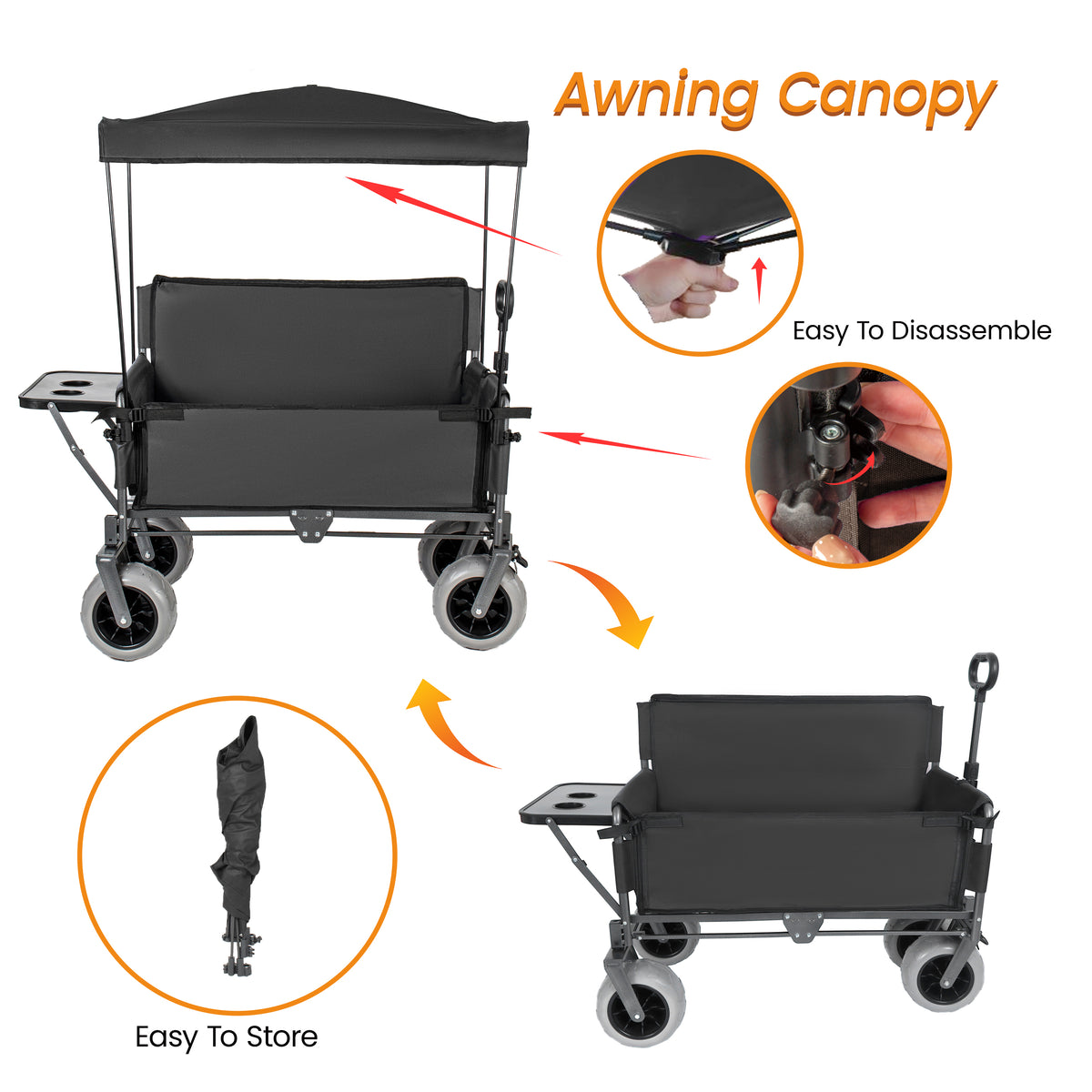 3- In- 1 Collapsible Wagon Converts To Bench Convertible Folding Wagon Cart With Canopy &Rear- Mounted Folding Tabletop 500lbs Heavy- Duty 180L Capacity For Camping Beach Garden Fishing- Black — product image 4