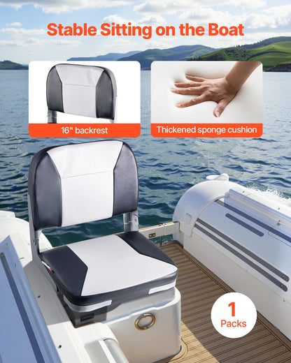 Boat Seat, Low Backrest, Folding Fishing Boat Seat With Thickened Sponge Cushion & Waterproof PVC Leather, Aluminum Alloy Hinges, Flip Up Boat Seat For Fishing Boats, Yachts, Ships, Black & Grey — product image 2
