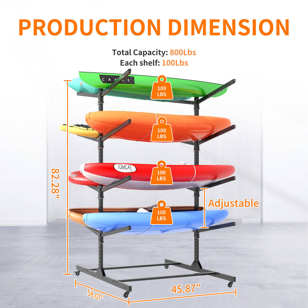 82 H Kayak Storage Rack, Heavy Duty Freestanding Kayak Storage Rack -Adjustable 8 Kayak Stand With Wheels For Garage, Indoor & Outdoor Use, 58 Dx45.9 Wx82.3 H — product image 9
