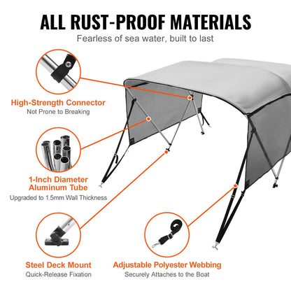 3 Bow Bimini Top Boat Cover, Detachable Mesh Sidewalls, 600D Polyester Canopy With 1" Aluminum Alloy Frame, Includes Storage Boot, 2 Support Poles, 2 Straps, 6'L X 46"H X 61"-66"W, Light Grey — product image 5