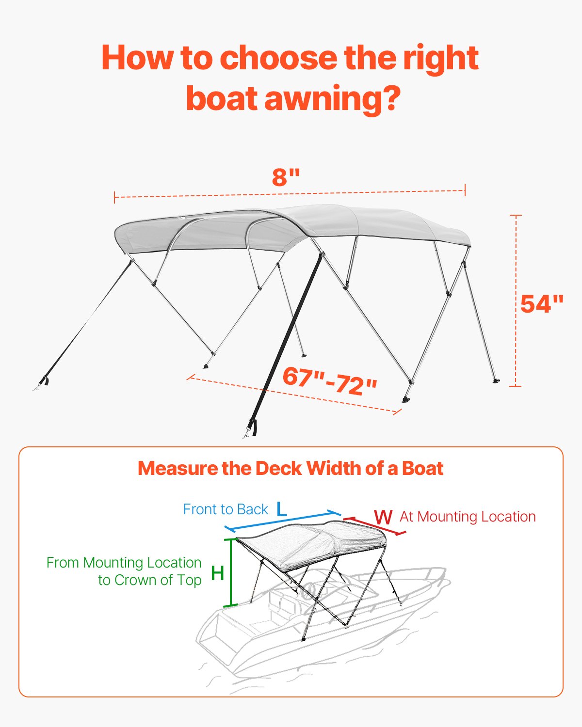 4 Bow Boat Bimini Tops, 600D Polyester Canopy With Aluminum Alloy Frame, Waterproof & Sun Shade Boat Awning Canopy With Storage Bag, 2 Support Poles, 4 Straps, 96"Lx(67"-72")Wx54"H, Light Grey — product image 5