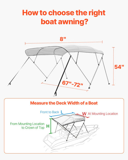 4 Bow Boat Bimini Tops, 600D Polyester Canopy With Aluminum Alloy Frame, Waterproof & Sun Shade Boat Awning Canopy With Storage Bag, 2 Support Poles, 4 Straps, 96"Lx(67"-72")Wx54"H, Light Grey — product image 5