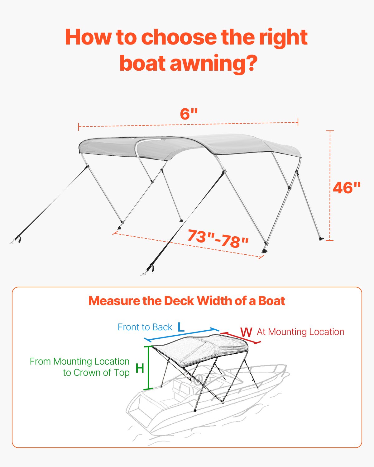 3 Bow Boat Bimini Tops, 600D Polyester Canopy With Aluminum Alloy Frame, Waterproof & Sun Shade Boat Awning Canopy With Storage Bag, 2 Support Poles, 4 Straps, 72"Lx(73"-78")Wx46"H, Light Grey — product image 5