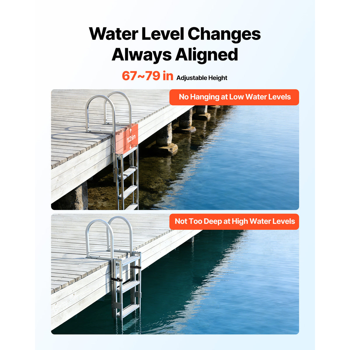 Retractable Dock Ladder, 5 Steps, Aluminum Alloy Pontoon Boat Swim Ladder, With Non-Slip Wide Steps, 350 Lbs Weight Capacity, Adjustable Height, For Lake Swimming, Pool, Boat, Marine Boarding — product image 4