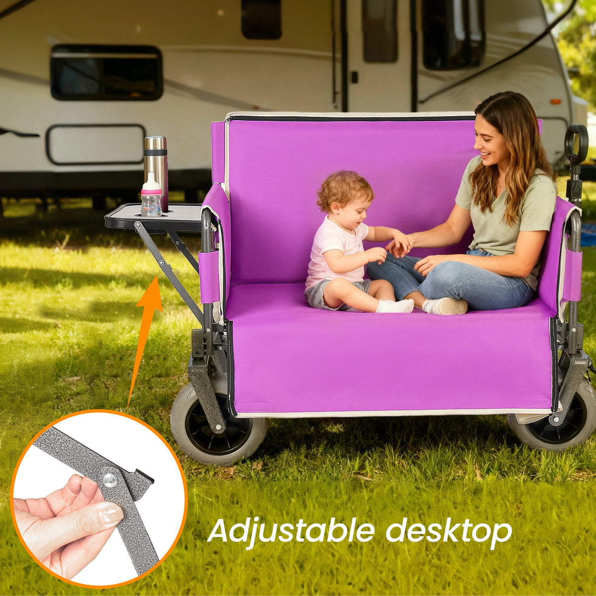 3- In- 1 Collapsible Wagon Converts To Bench Convertible Folding Wagon Cart With Canopy &Rear- Mounted Folding Tabletop 500lbs Heavy- Duty 180L Capacity For Camping Beach Garden Fishing- Purple — product image 3
