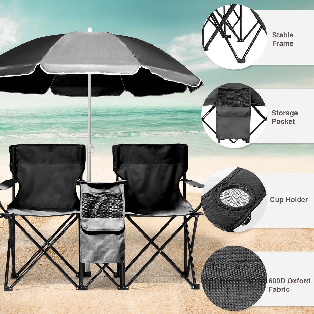Black Fishing Chair Iron Bracket Oxford Cloth 85kg With Sunshade — product image 25