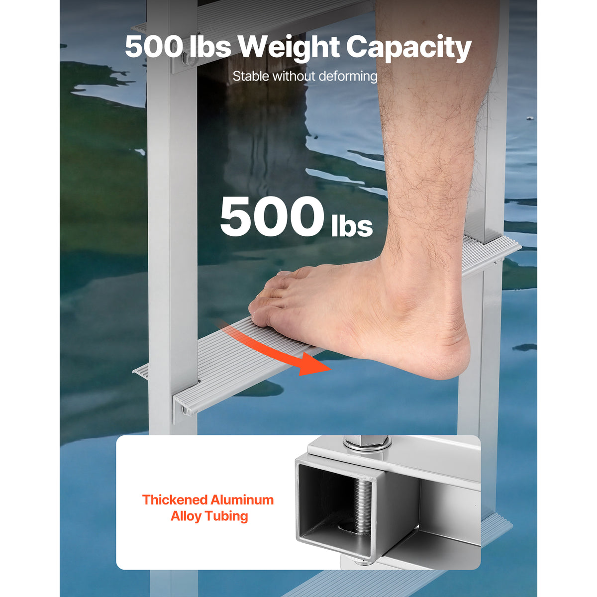 Removable Dock Ladder, 4 Steps, Aluminum Alloy Pontoon Boat Swim Ladder, With Non-Slip Wide Steps, 500 Lbs Weight Capacity, Quick Release Design, For Lake Swimming, Pool, Boat, Marine Boarding — product image 3