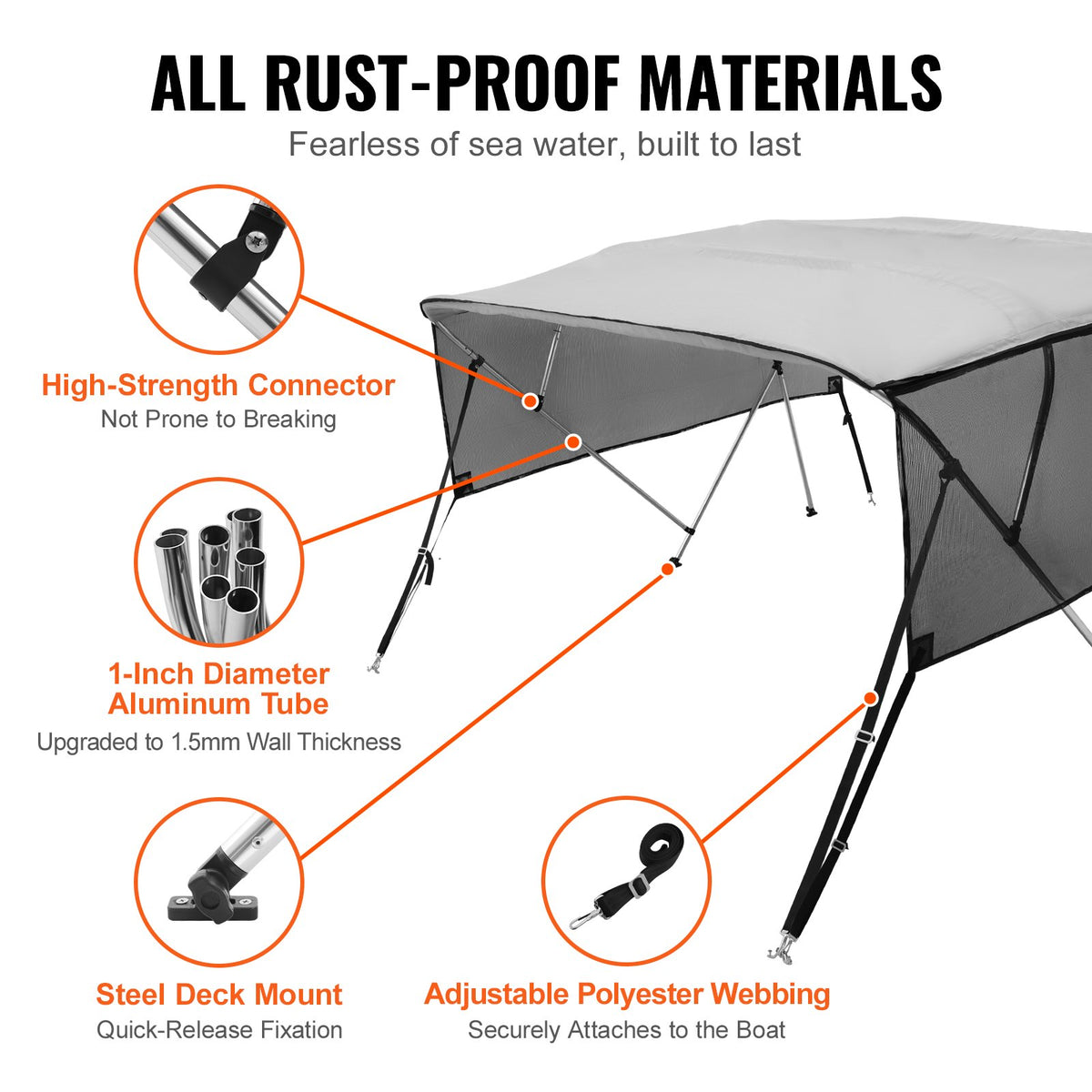 4 Bow Bimini Top Boat Cover, Detachable Mesh Sidewalls, 600D Polyester Canopy With 1" Aluminum Alloy Frame, Includes Storage Boot, 2 Straps, 2 Support Poles, 8'L X 54"H X 79"-84"W, Light Grey — product image 5