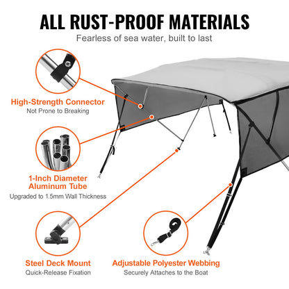 4 Bow Bimini Top Boat Cover, Detachable Mesh Sidewalls, 600D Polyester Canopy With 1" Aluminum Alloy Frame, Includes Storage Boot, 2 Straps, 2 Support Poles, 8'L X 54"H X 79"-84"W, Light Grey — product image 5