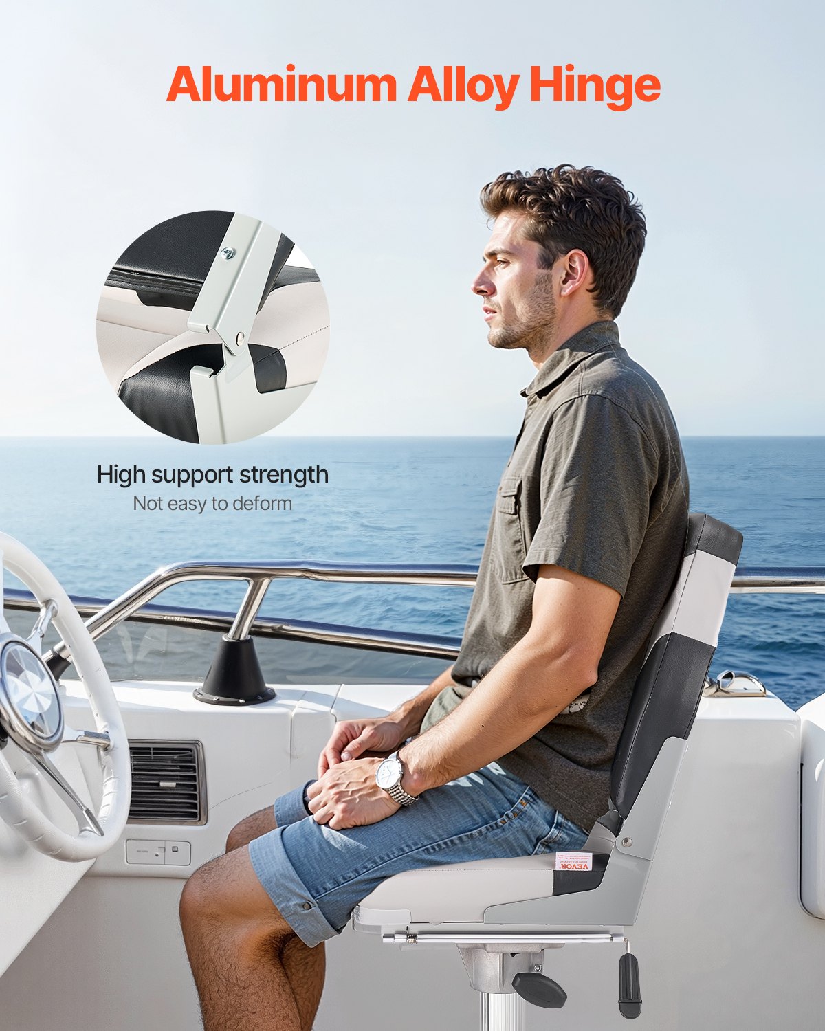 Boat Seat, High Backrest, Folding Fishing Boat Seat With Thickened Sponge Cushion & Waterproof PVC Leather, Aluminum Alloy Hinges, Flip Up Boat Seat For Boats, Yachts, Ships, Black & Grey — product image 4
